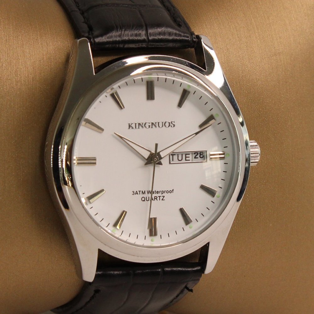 Men's Contemporary Dress Watch Silver Case Black Leather Watch Strap 40mm - Picture 5 of 13